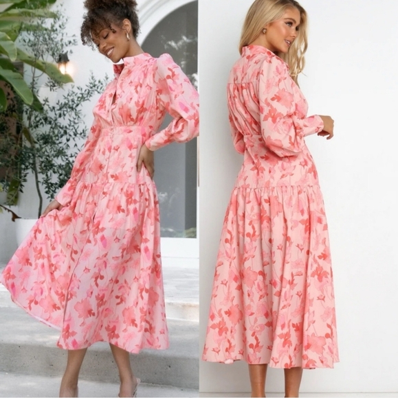 Petal & Pup NWTs Forever Print Long Sleeve Tiered Midi Dress - Picture 1 of 7